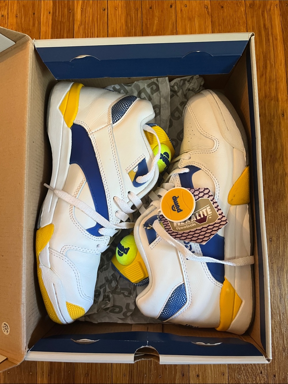 Reebok Court Victory Pump in White Blue Yellow Retro Athletic Sneakers